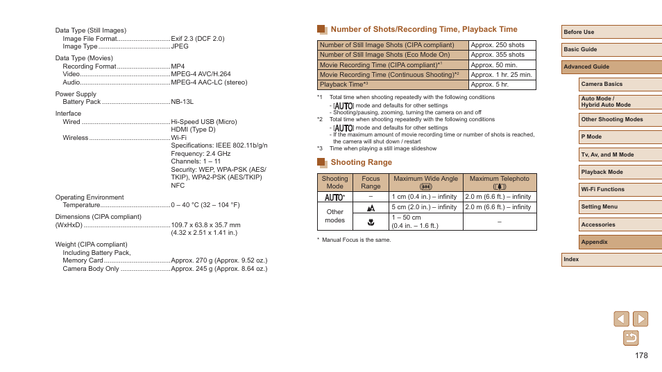 Mode, see “shooting range” (= 178), Range” (= 178), Number of shots/recording time, playback time | Shooting range | Canon PowerShot SX720 HS User Manual | Page 178 / 185