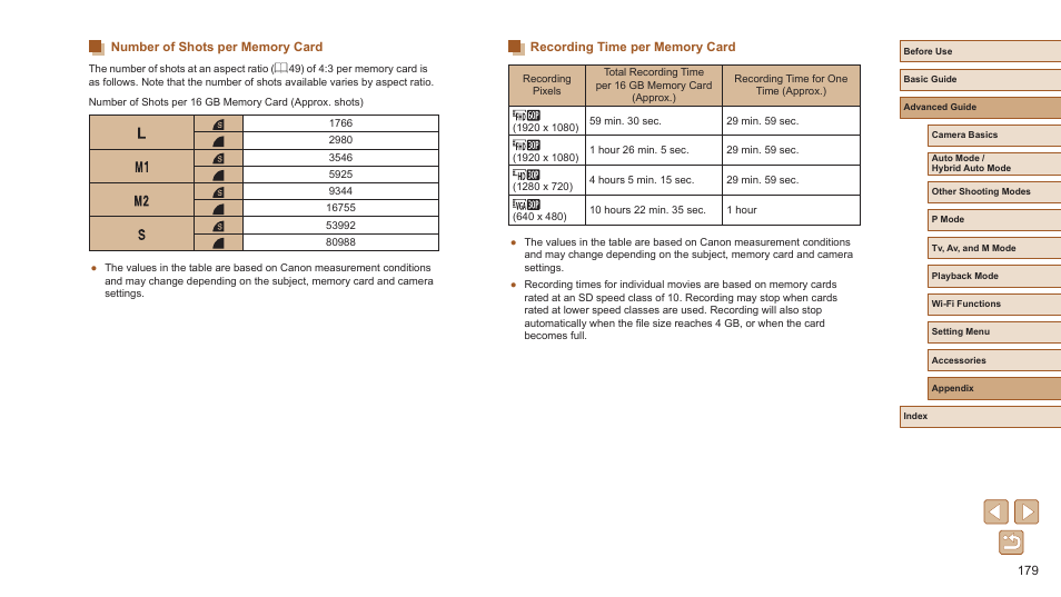 See “recording time per memory card” (= 179), Remaining time (= 179), Movies: playback time (= 179) | Canon PowerShot SX720 HS User Manual | Page 179 / 185