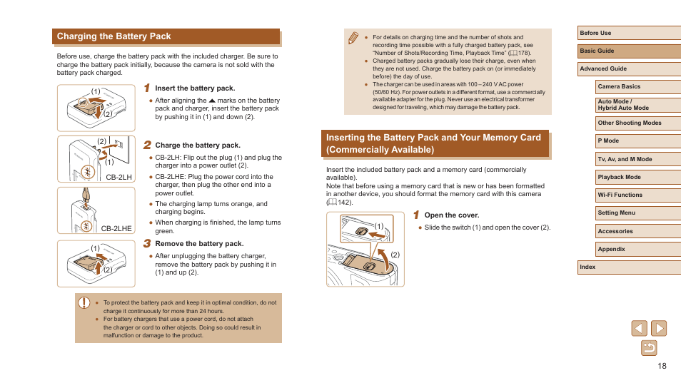 Charging the battery pack | Canon PowerShot SX720 HS User Manual | Page 18 / 185