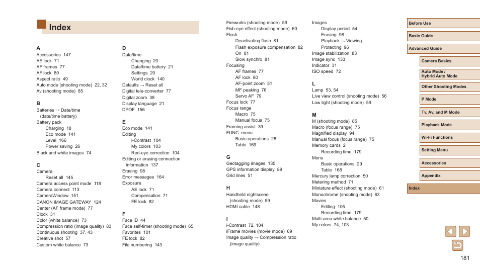 Index | Canon PowerShot SX720 HS User Manual | Page 181 / 185