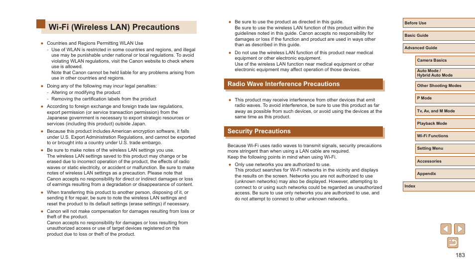 Wi-fi (wireless lan) precautions, Radio wave interference precautions, Security precautions | Canon PowerShot SX720 HS User Manual | Page 183 / 185