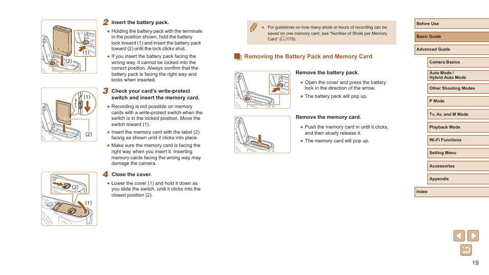 Removing the battery pack and memory card | Canon PowerShot SX720 HS User Manual | Page 19 / 185