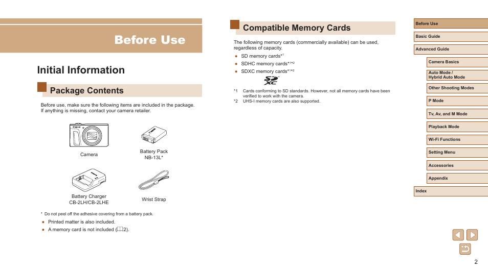 Before use, Initial information, Package contents | Canon PowerShot SX720 HS User Manual | Page 2 / 185