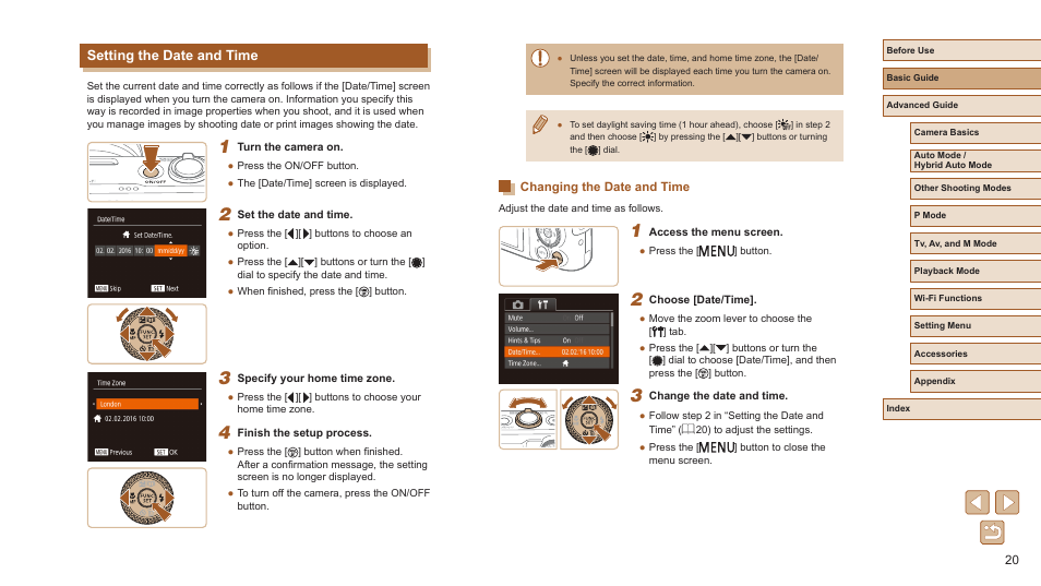 Setting the date and time, Changing the date and time | Canon PowerShot SX720 HS User Manual | Page 20 / 185