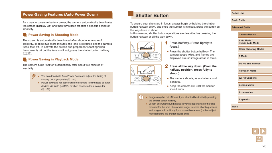 Power-saving features (auto power down), Shutter button | Canon PowerShot SX720 HS User Manual | Page 26 / 185