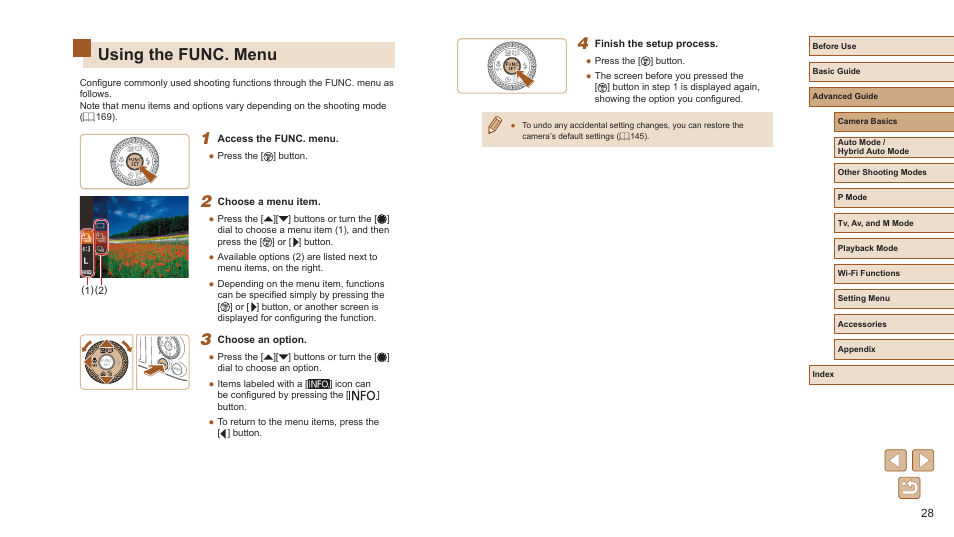 Using the func. menu | Canon PowerShot SX720 HS User Manual | Page 28 / 185