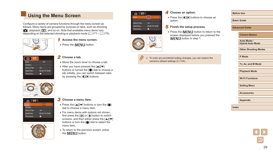 Using the menu screen | Canon PowerShot SX720 HS User Manual | Page 29 / 185