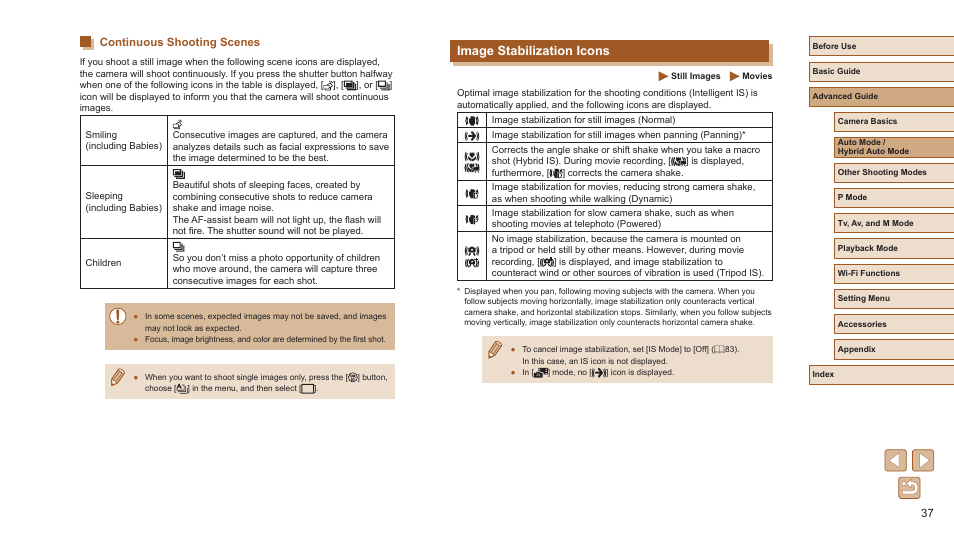 Continuous shooting scenes, Image stabilization icons | Canon PowerShot SX720 HS User Manual | Page 37 / 185