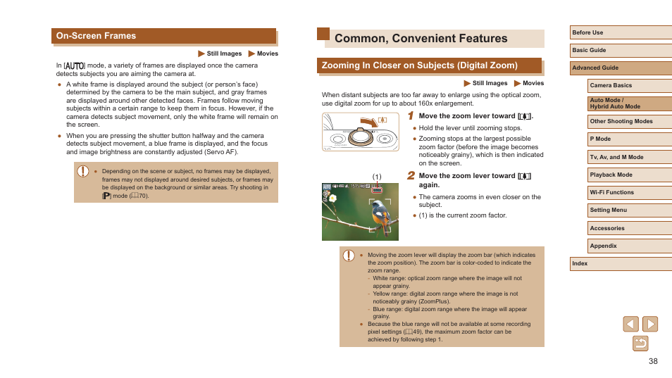 On-screen frames, Common, convenient features, Zooming in closer on subjects (digital zoom) | Canon PowerShot SX720 HS User Manual | Page 38 / 185