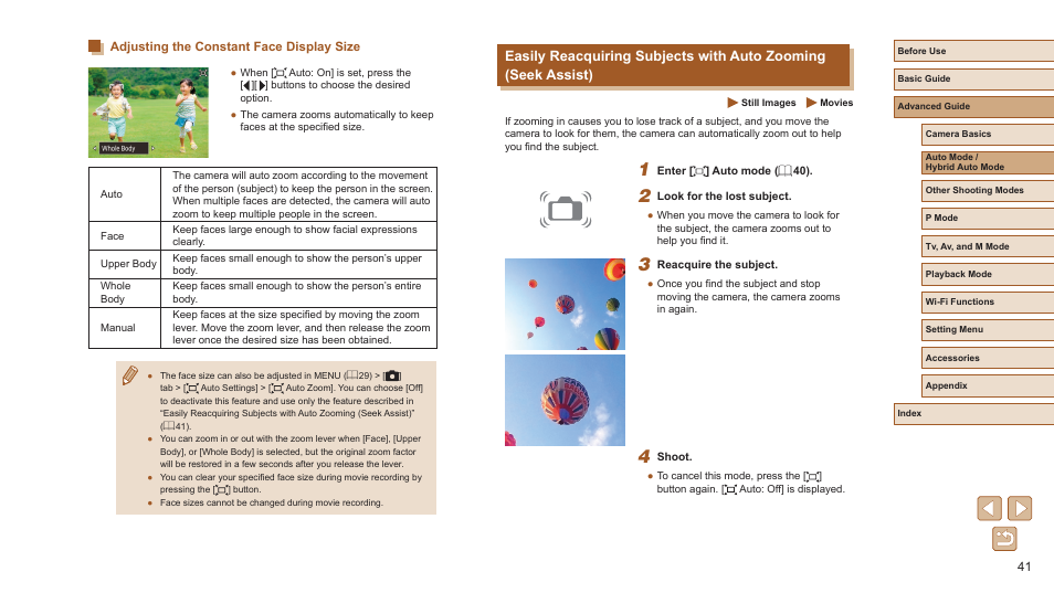 Adjusting the constant face display size | Canon PowerShot SX720 HS User Manual | Page 41 / 185