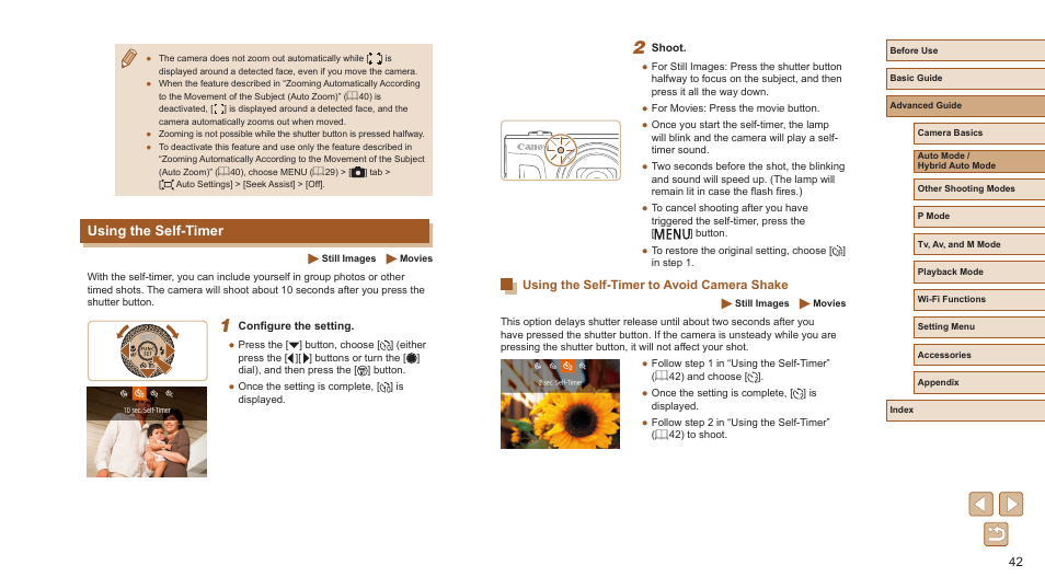Using the self-timer, Using the self-timer to avoid camera shake | Canon PowerShot SX720 HS User Manual | Page 42 / 185