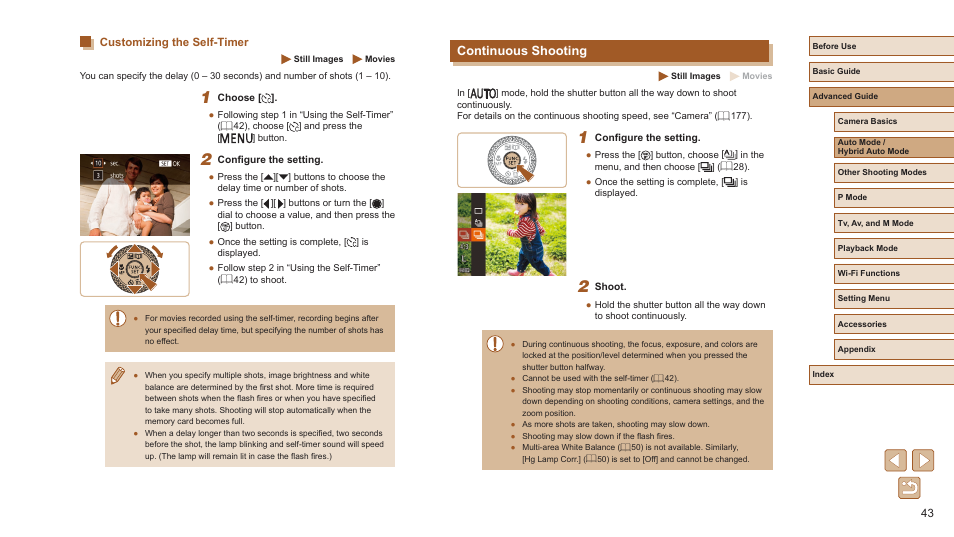 Customizing the self-timer, Continuous shooting, 43), and when | Canon PowerShot SX720 HS User Manual | Page 43 / 185