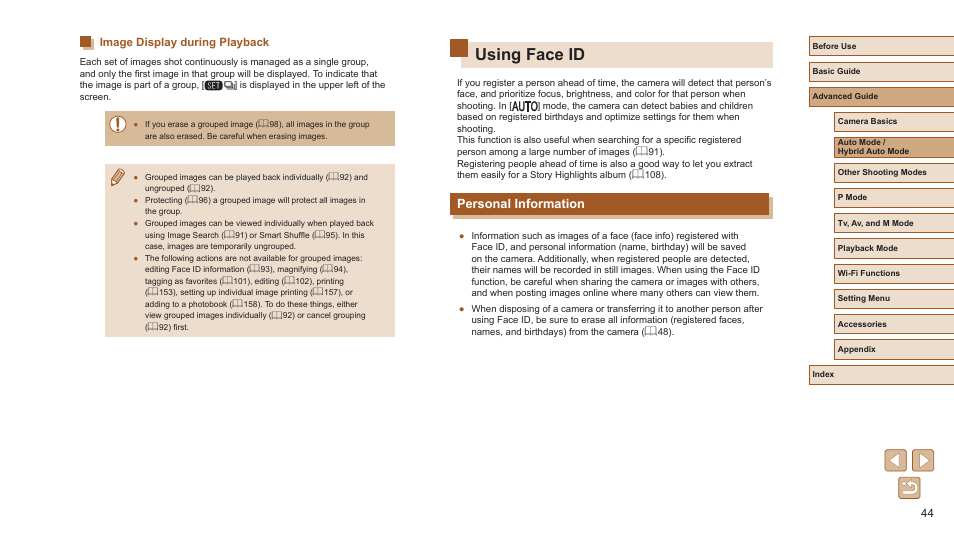 Image display during playback, Using face id, Personal information | Canon PowerShot SX720 HS User Manual | Page 44 / 185