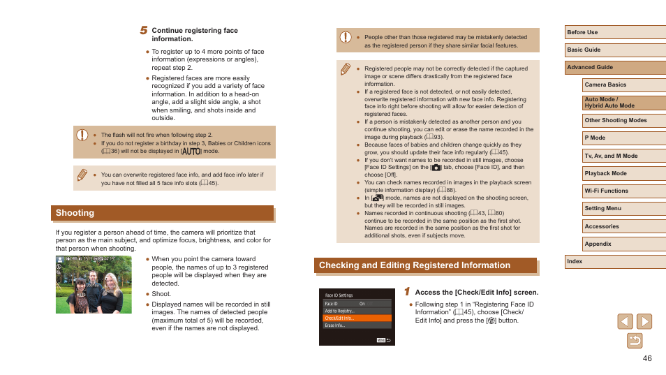Checking and editing registered information, Shooting | Canon PowerShot SX720 HS User Manual | Page 46 / 185