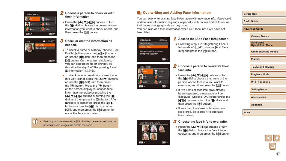Overwriting and adding face information | Canon PowerShot SX720 HS User Manual | Page 47 / 185