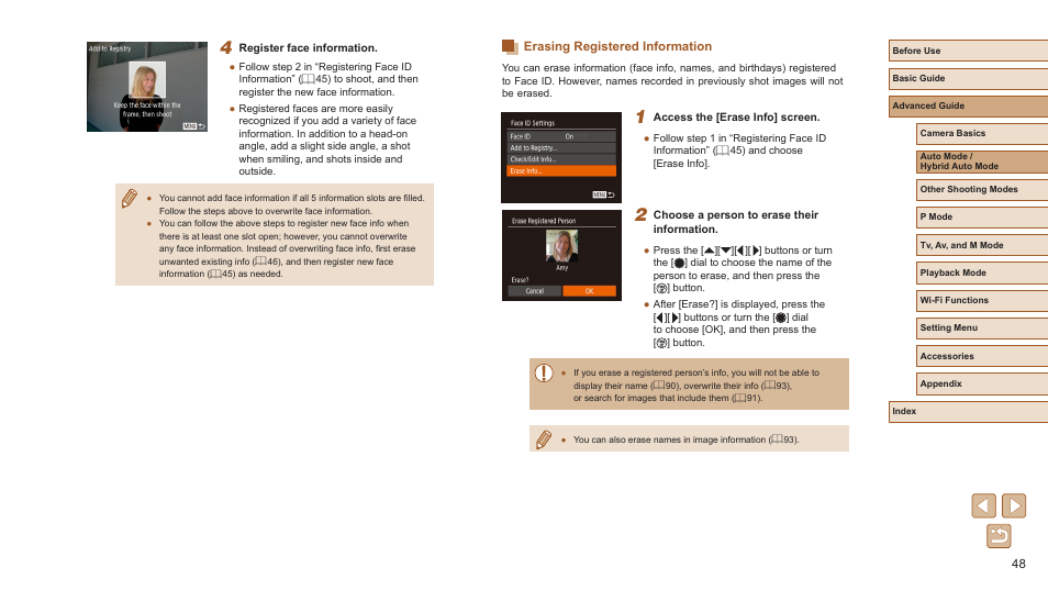 Erasing registered information, Names, and birthdays) from the camera (= 48) | Canon PowerShot SX720 HS User Manual | Page 48 / 185