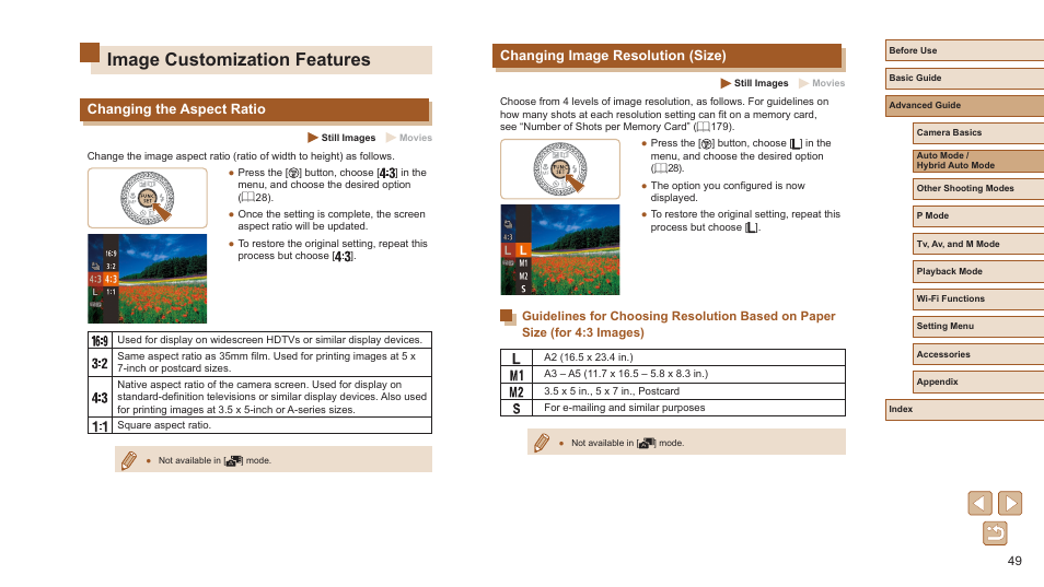 Image customization features, Changing image resolution (size), Changing the aspect ratio | Canon PowerShot SX720 HS User Manual | Page 49 / 185