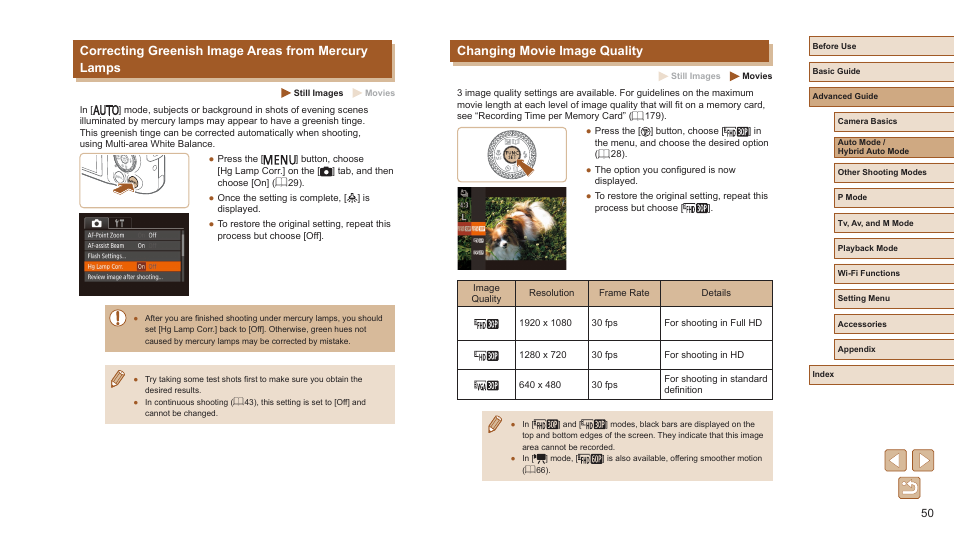 50) is set to [of, Changing movie image quality, Correcting greenish image areas from mercury lamps | Canon PowerShot SX720 HS User Manual | Page 50 / 185