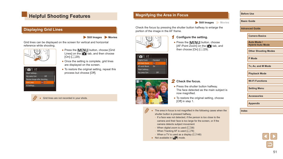 Helpful shooting features, Displaying grid lines magnifying the area in focus, Magnifying the area in focus | Displaying grid lines | Canon PowerShot SX720 HS User Manual | Page 51 / 185