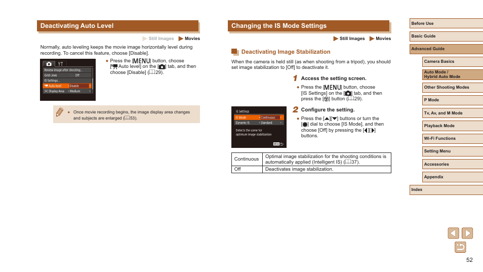 Changing the is mode settings, Deactivating image stabilization, Deactivating auto level | Canon PowerShot SX720 HS User Manual | Page 52 / 185