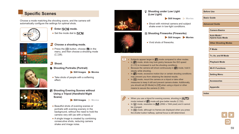 Specific scenes, Fects (= 59) | Canon PowerShot SX720 HS User Manual | Page 59 / 185