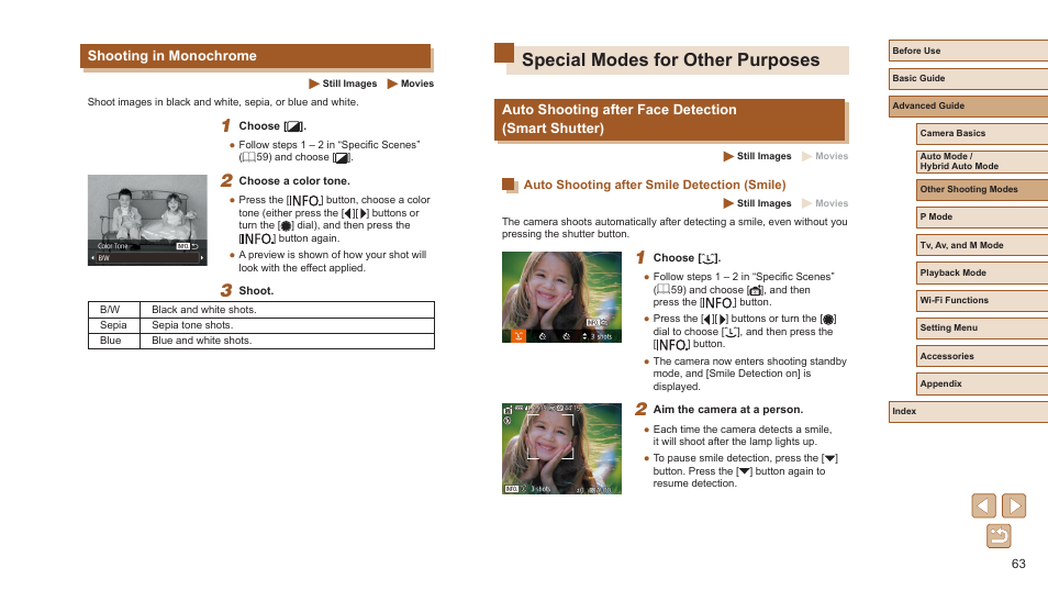 Shooting in monochrome, Special modes for other purposes, Auto shooting after face detection (smart shutter) | Auto shooting after smile detection (smile) | Canon PowerShot SX720 HS User Manual | Page 63 / 185