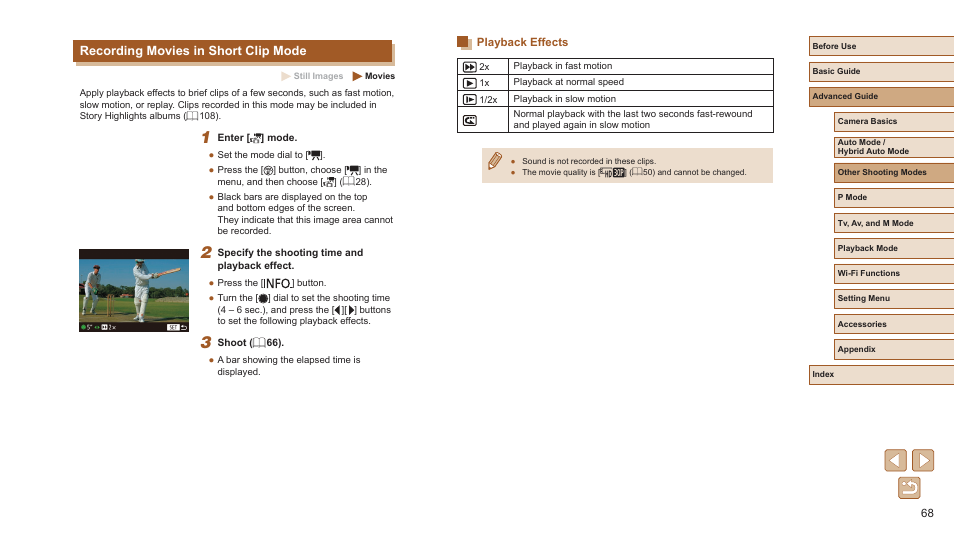 Recording movies in short clip mode, Playback effects | Canon PowerShot SX720 HS User Manual | Page 68 / 185