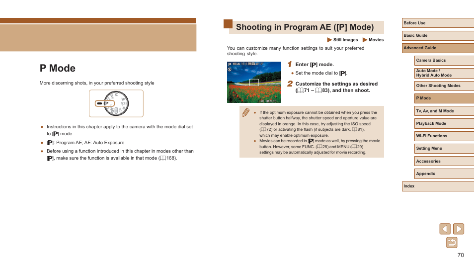 P mode, Shooting in program ae ([p] mode), Your preferred settings (= 70 | Canon PowerShot SX720 HS User Manual | Page 70 / 185