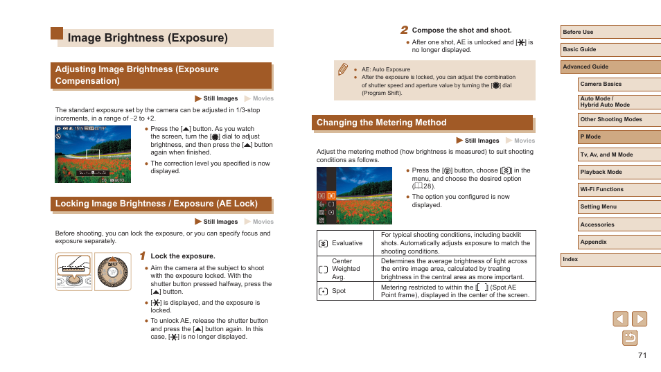 Image brightness (exposure), Changing the metering method, Adjusting image brightness (exposure compensation) | Locking image brightness / exposure (ae lock) | Canon PowerShot SX720 HS User Manual | Page 71 / 185