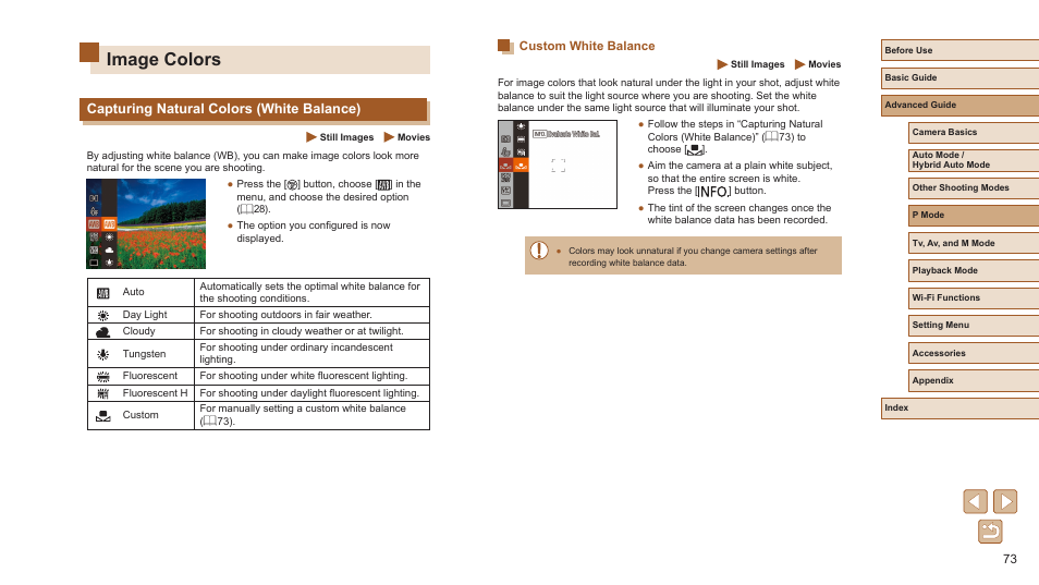 Image colors, Capturing natural colors (white balance), Custom white balance | Canon PowerShot SX720 HS User Manual | Page 73 / 185