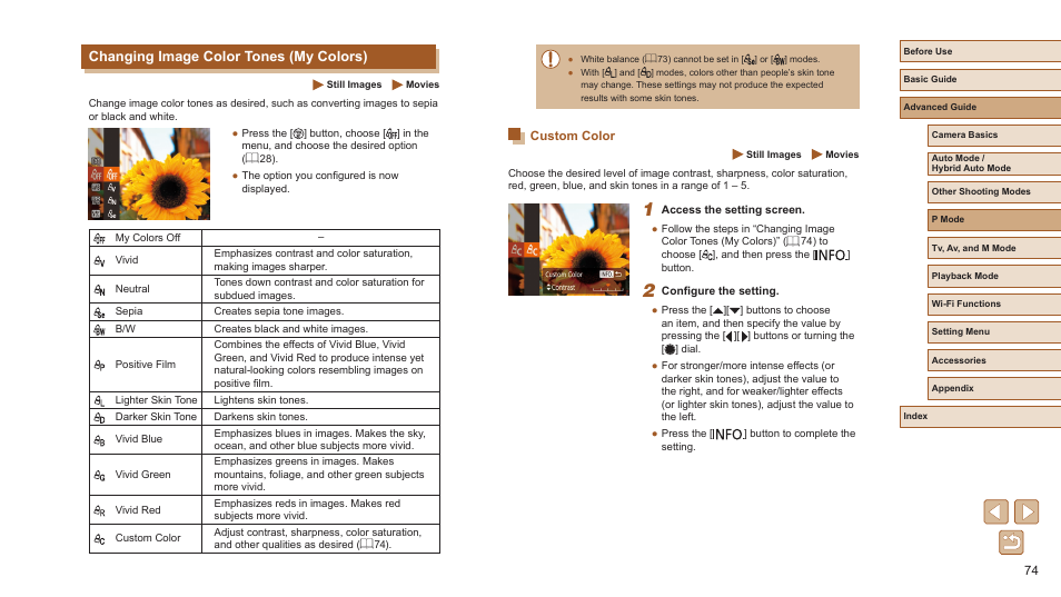 Changing image color tones (my colors), Custom color | Canon PowerShot SX720 HS User Manual | Page 74 / 185