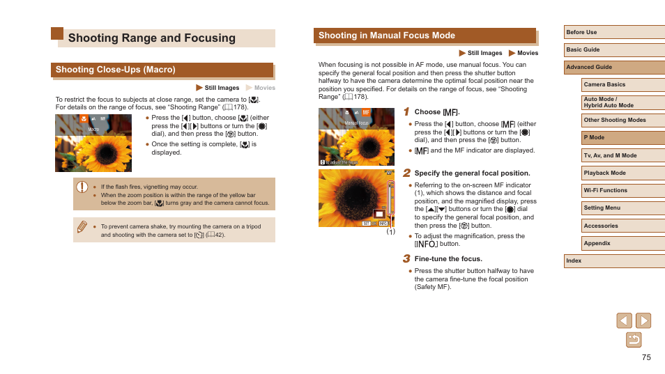 Shooting range and focusing, Shooting in manual focus mode, Shooting close-ups (macro) | Canon PowerShot SX720 HS User Manual | Page 75 / 185