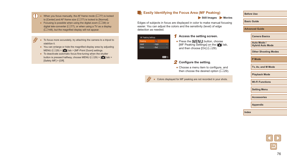 Easily identifying the focus area (mf peaking) | Canon PowerShot SX720 HS User Manual | Page 76 / 185