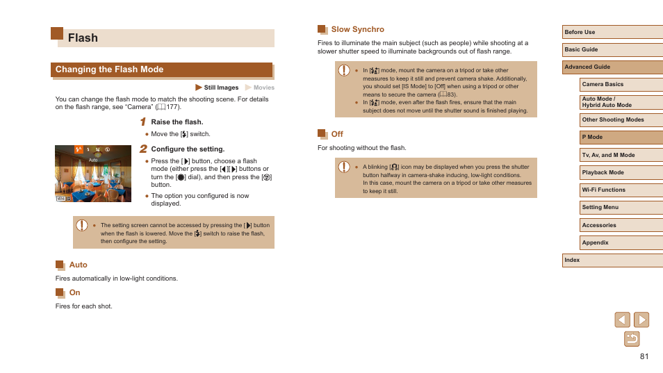 Flash, Changing the flash mode, Auto on slow synchro off | Canon PowerShot SX720 HS User Manual | Page 81 / 185