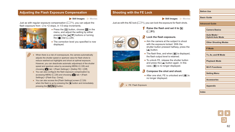Shooting with the fe lock, Adjusting the flash exposure compensation | Canon PowerShot SX720 HS User Manual | Page 82 / 185
