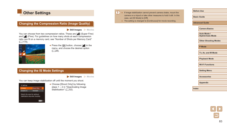 Other settings, Means to secure the camera (= 83), 83), and then shoot | Changing the compression ratio (image quality), Changing the is mode settings | Canon PowerShot SX720 HS User Manual | Page 83 / 185