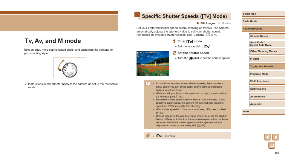 Tv, av, and m mode, Specific shutter speeds ([tv] mode) | Canon PowerShot SX720 HS User Manual | Page 84 / 185