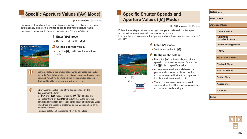 85), connected to a, Specific aperture values ([av] mode) | Canon PowerShot SX720 HS User Manual | Page 85 / 185