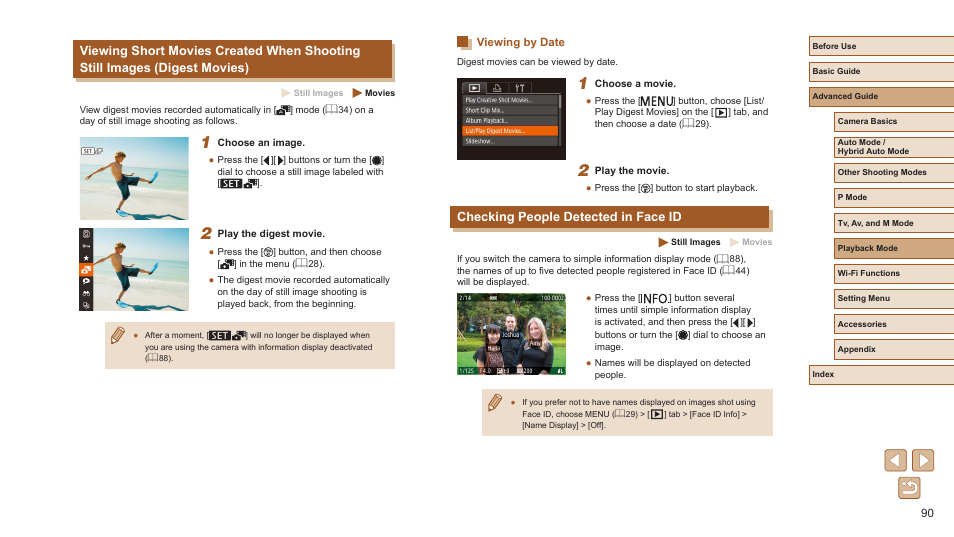 Viewing by date, Checking people detected in face id, 90), overwrite their info | Canon PowerShot SX720 HS User Manual | Page 90 / 185