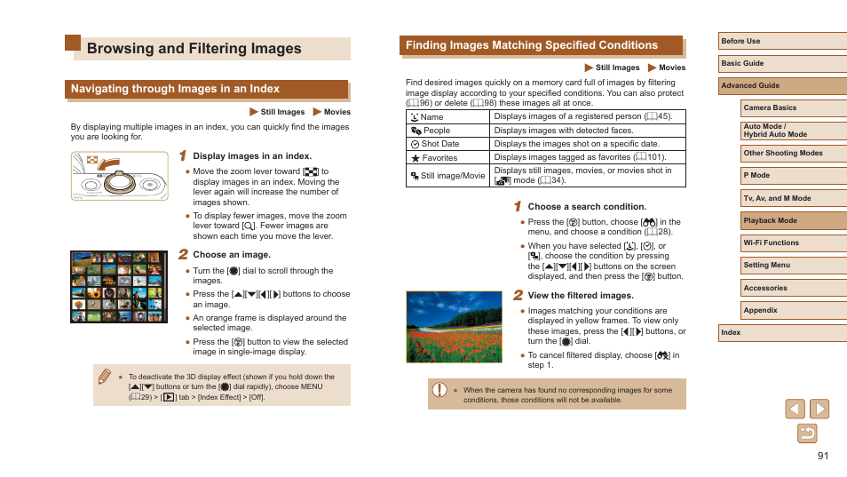 Browsing and filtering images, Person among a large number of images (= 91), Using image search (= 91) or smart shuffle | Finding images matching specified conditions, Navigating through images in an index | Canon PowerShot SX720 HS User Manual | Page 91 / 185