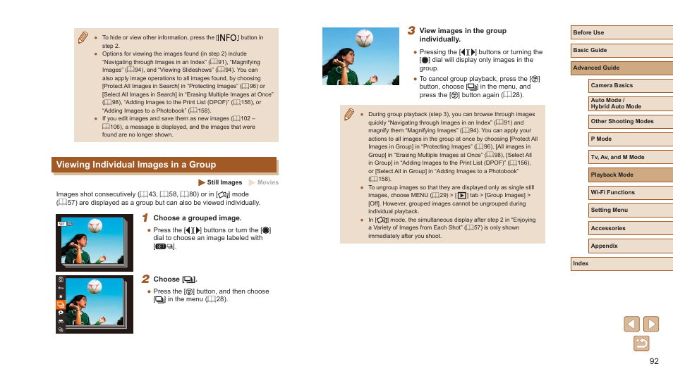 Viewing individual images in a group, 92) and ungrouped (= 92), 92) or cancel grouping (= 92) first | Canon PowerShot SX720 HS User Manual | Page 92 / 185