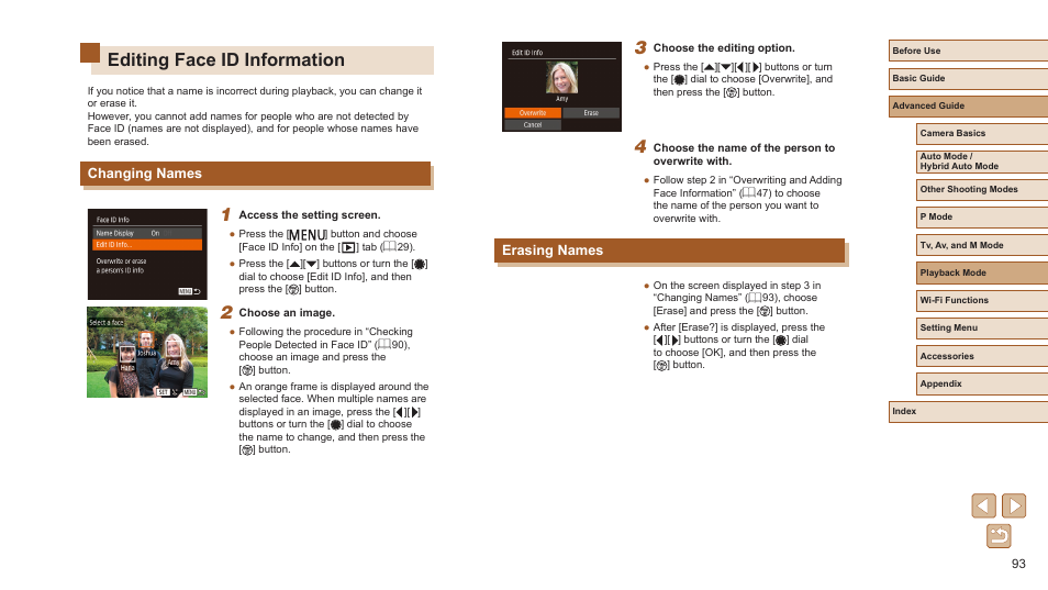 Editing face id information, Changing names erasing names, 93), magnifying | Erasing names, Changing names | Canon PowerShot SX720 HS User Manual | Page 93 / 185