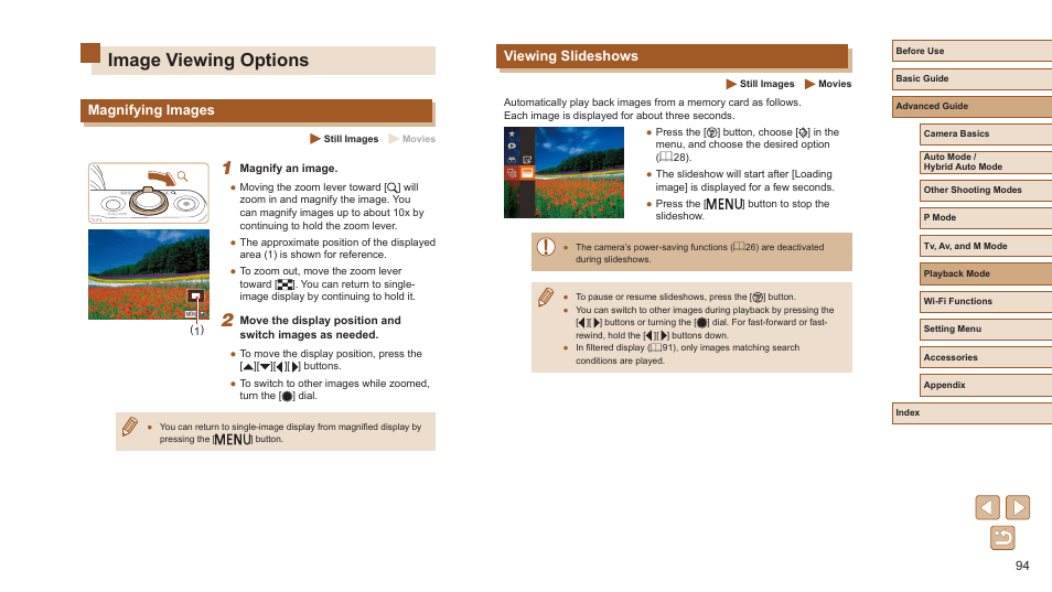 Image viewing options, Magnifying images viewing slideshows, Magnify them “magnifying images” (= 94) | Images” (= 94), and “viewing slideshows” (= 94). y, Viewing slideshows, Magnifying images | Canon PowerShot SX720 HS User Manual | Page 94 / 185