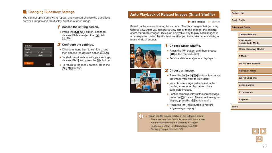 Changing slideshow settings, Auto playback of related images (smart shuffle), 95). in this | Canon PowerShot SX720 HS User Manual | Page 95 / 185