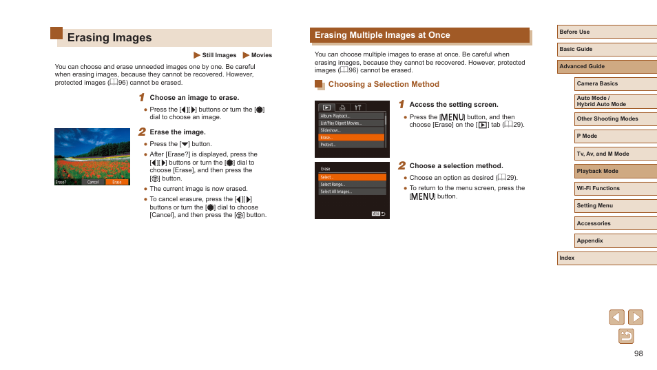 Erasing images, Erasing multiple images at once, Choosing a selection method | 98) these images all at once, Group] in “erasing multiple images at once” (= 98) | Canon PowerShot SX720 HS User Manual | Page 98 / 185