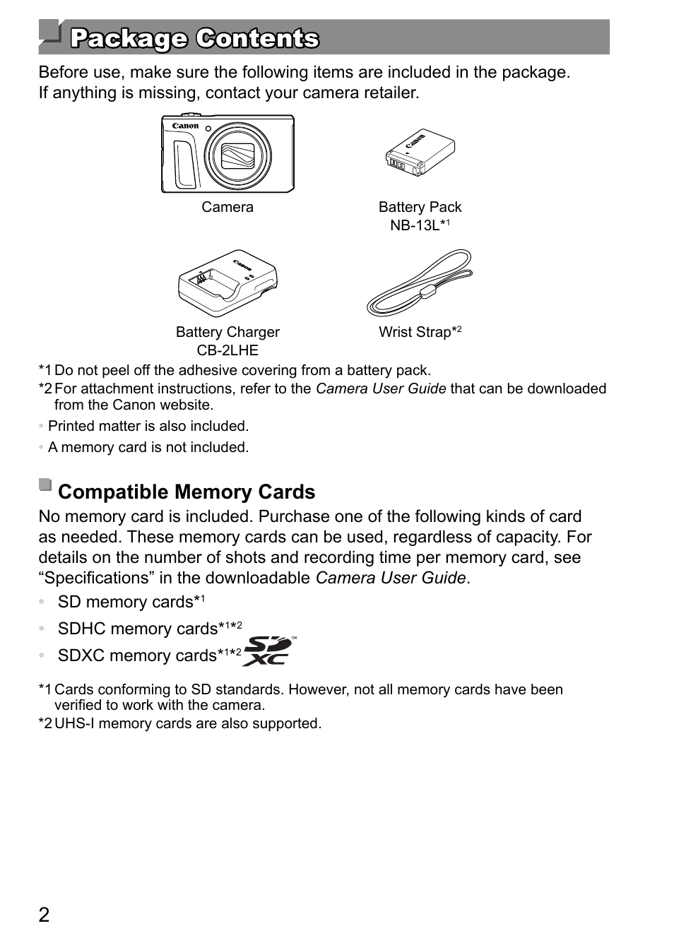 Package contents package contents | Canon PowerShot SX720 HS User Manual | Page 2 / 11
