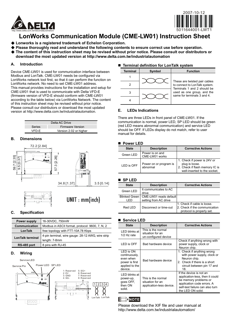 Delta Electronics LonWorks Communication Module CME-LW01 User Manual | 2 pages