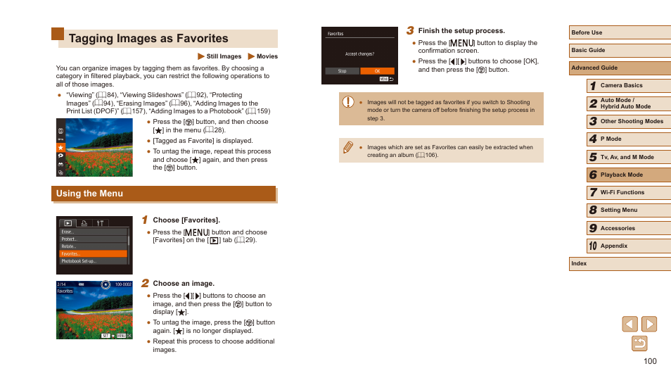 Tagging images as favorites, Using the menu, Tagging as favorites (= 100), editing | 100) by pressing the, Displays images tagged as favorites (= 100) | Canon PowerShot SX540 HS User Manual | Page 100 / 186