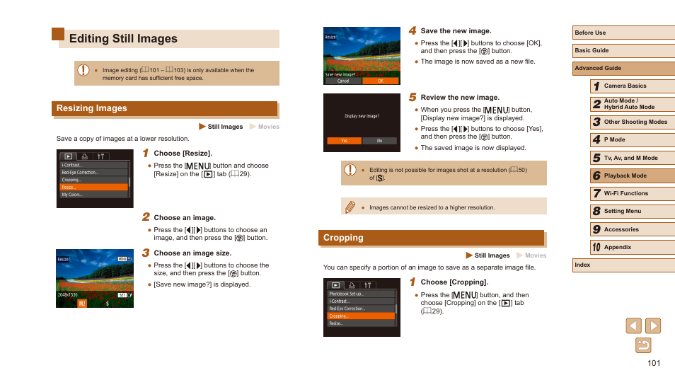 Editing still images, Resizing images cropping, 101), printing | Cropping, Resizing images | Canon PowerShot SX540 HS User Manual | Page 101 / 186