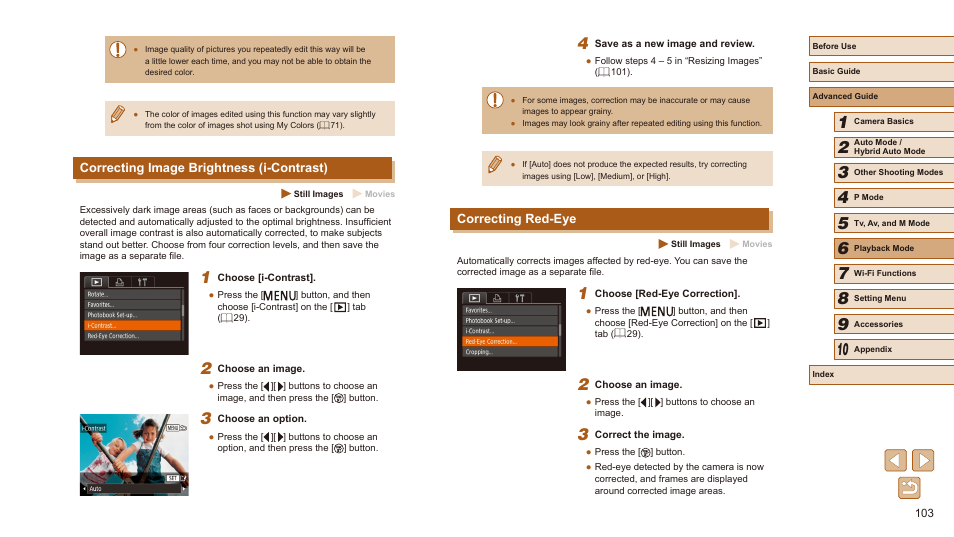 103) is only available when the, Correcting image brightness (i-contrast), Correcting red-eye | Canon PowerShot SX540 HS User Manual | Page 103 / 186